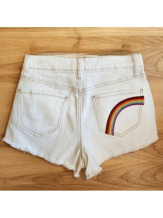 SO Pants - SO SUPER HIGH RISE CUT OFF DENIM JEAN SHORT RAINBOW EMBROIDERED POCKET SIZE 27/5